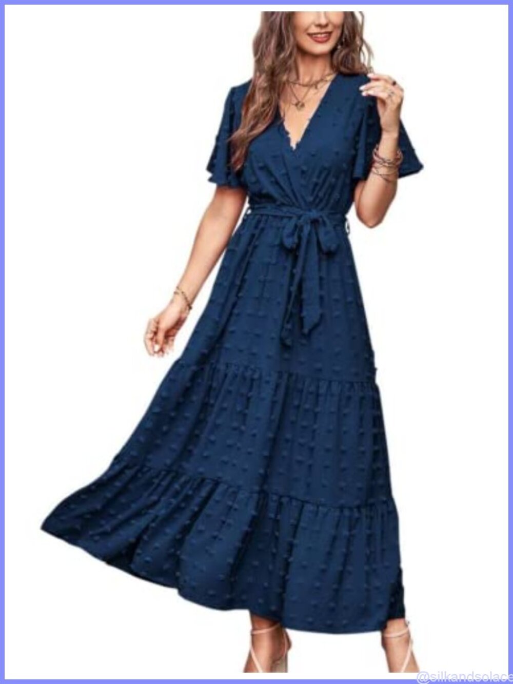 Swiss Dot Maxi Dress Wrap V Neck Flutter Sleeve Boho Long Dress